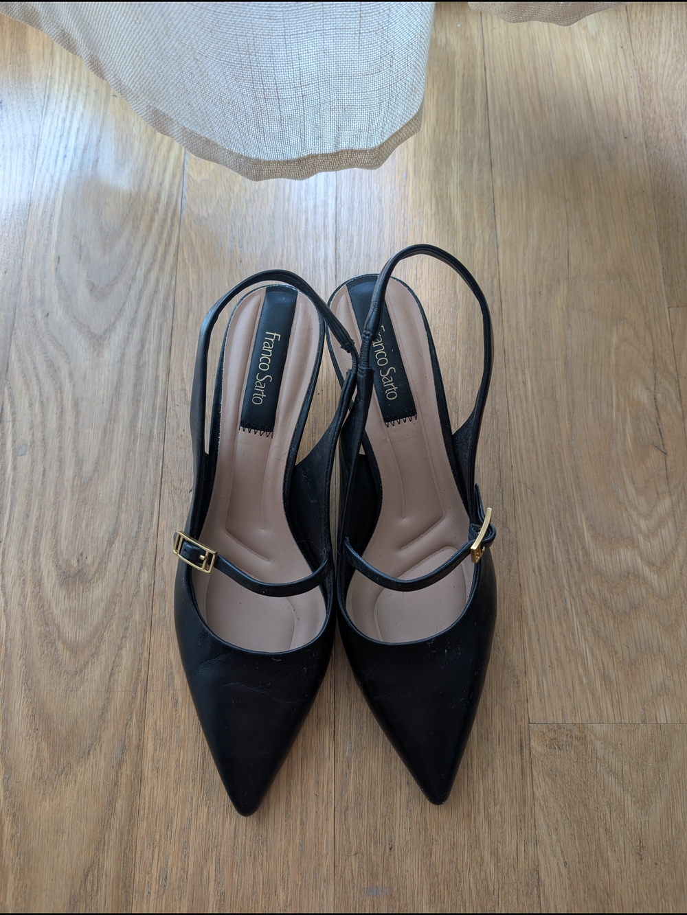 Franco Sarto Black Pointed Slingback Pumps with Gold Buckle